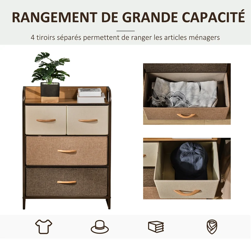 Meuble de rangement chiffonnier chambre 58 x 29 x 78,5 cm 4 tiroirs amovibles gain de place style scandinave en MDF noir 21_0001483