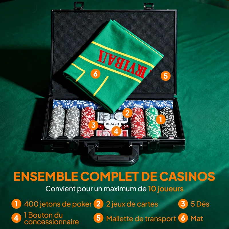 Mallette de poker 39.5 x 28 x 8 cm 400 jetons pour 10 joueurs tapis et bouton inclus moderne tendance légère en abs gris 21_0006656