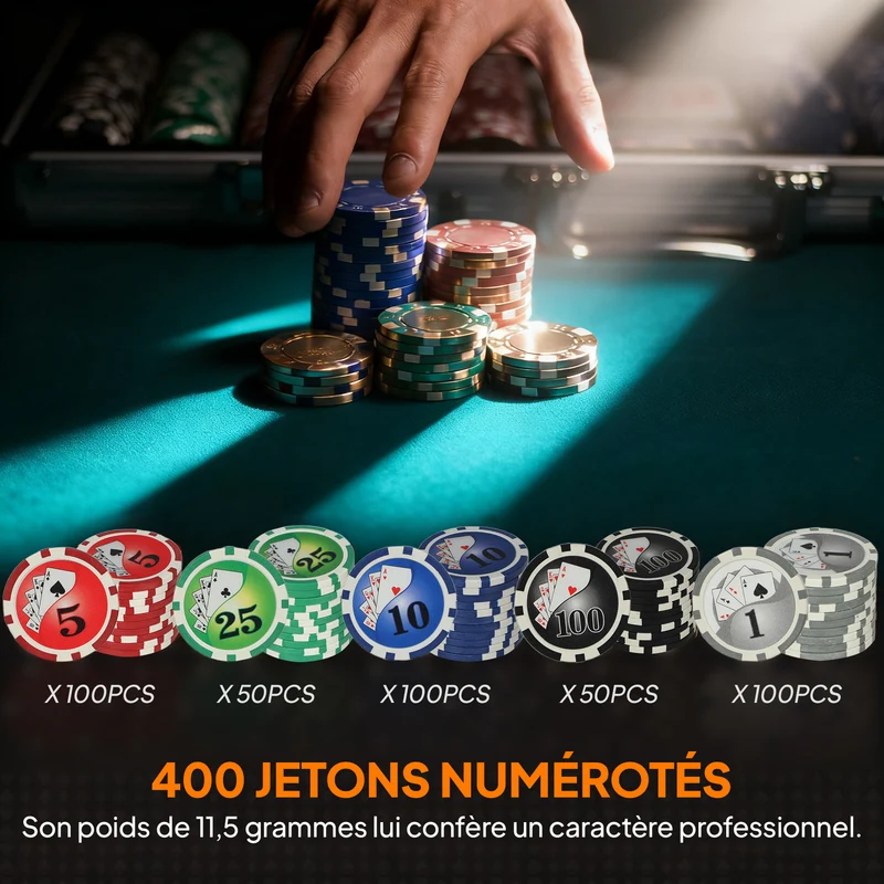 Mallette de poker 39.5 x 28 x 8 cm 400 jetons pour 10 joueurs tapis et bouton inclus moderne tendance légère en abs gris 21_0006656