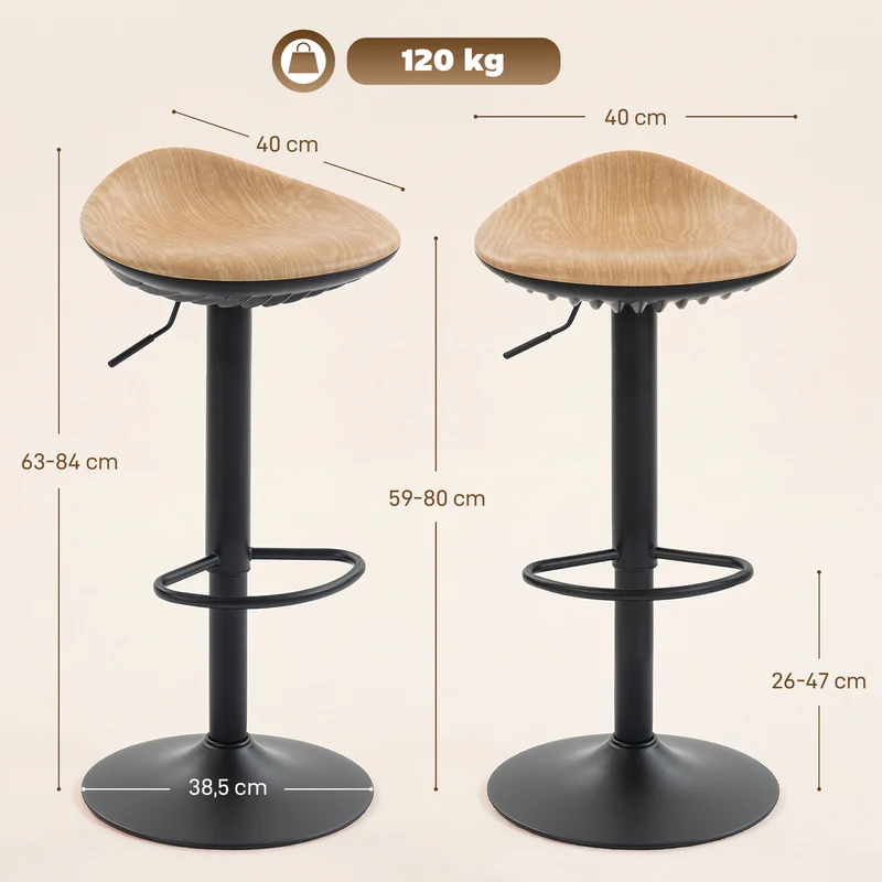 Lot de 2 tabourets de bar 40 x 40 x 63-84 cm réglables en hauteur pivotants 360° style rustique confortable en PU chêne 21_0003397