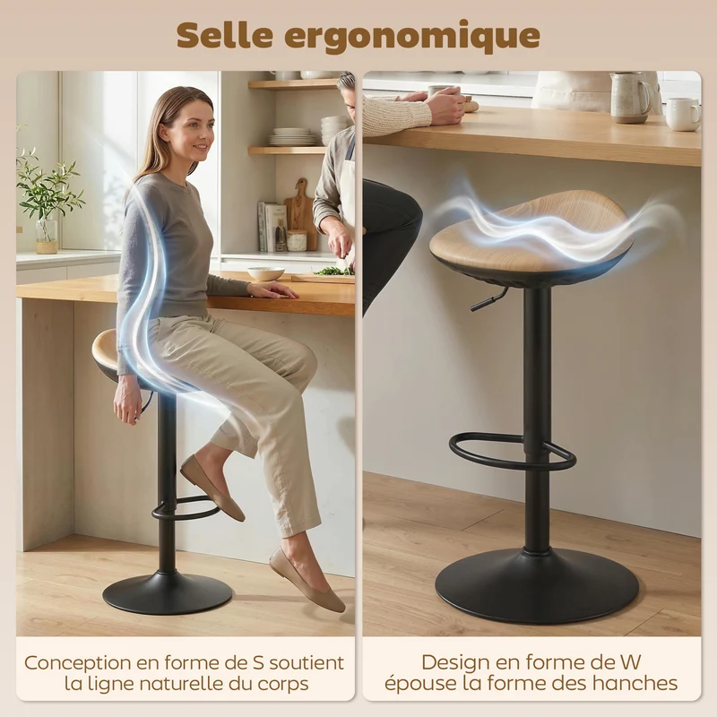 Lot de 2 tabourets de bar 40 x 40 x 63-84 cm réglables en hauteur pivotants 360° style rustique confortable en PU chêne 21_0003397