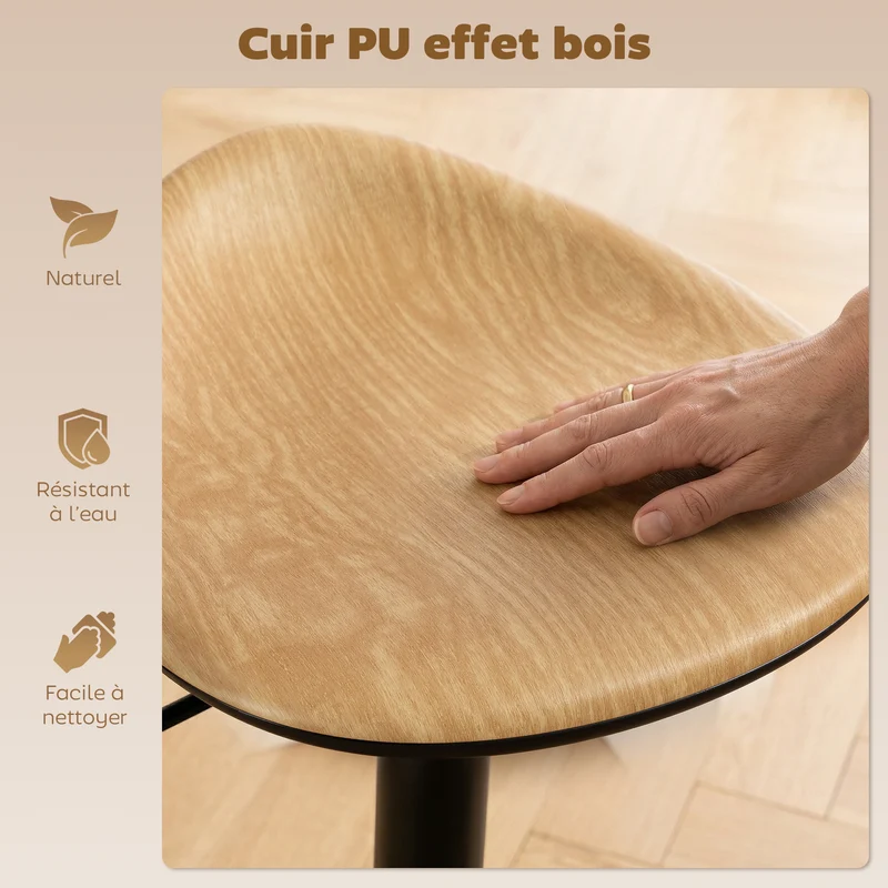 Lot de 2 tabourets de bar 40 x 40 x 63-84 cm réglables en hauteur pivotants 360° style rustique confortable en PU chêne 21_0003397