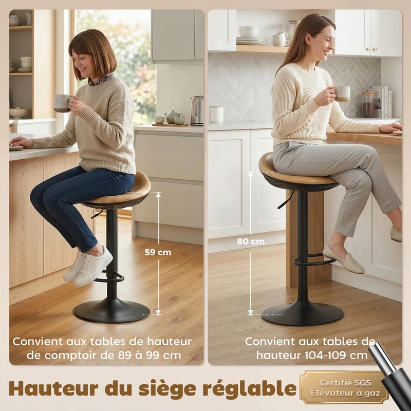 Lot de 2 tabourets de bar 40 x 40 x 63-84 cm réglables en hauteur pivotants 360° style rustique confortable en PU chêne 21_0003397