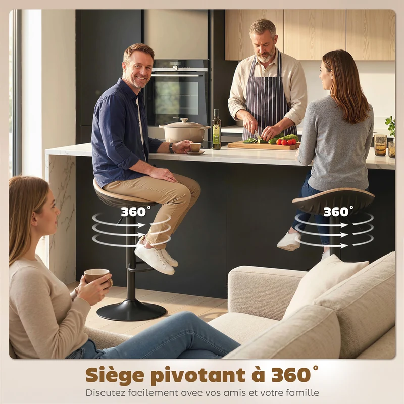 Lot de 2 tabourets de bar 40 x 40 x 63-84 cm réglables en hauteur pivotants 360° style rustique confortable en PU chêne 21_0003397