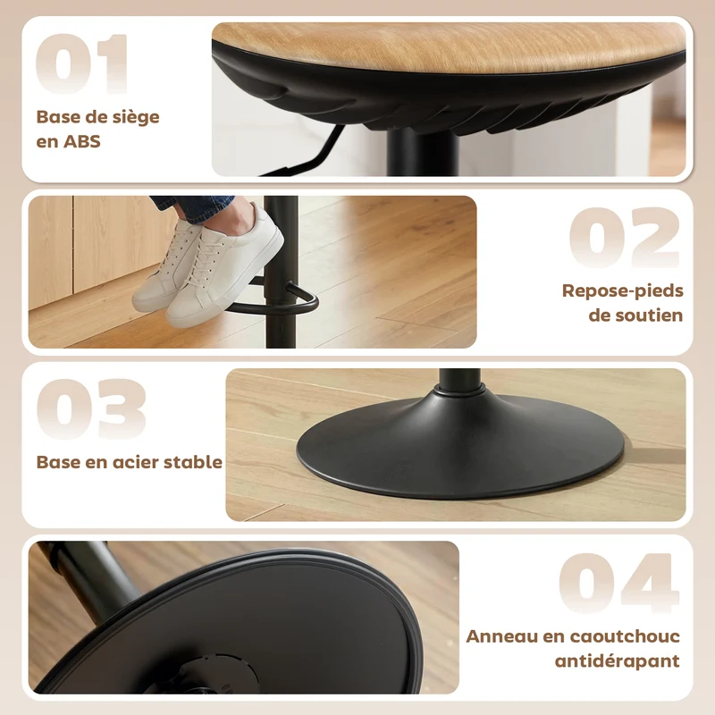 Lot de 2 tabourets de bar 40 x 40 x 63-84 cm réglables en hauteur pivotants 360° style rustique confortable en PU chêne 21_0003397