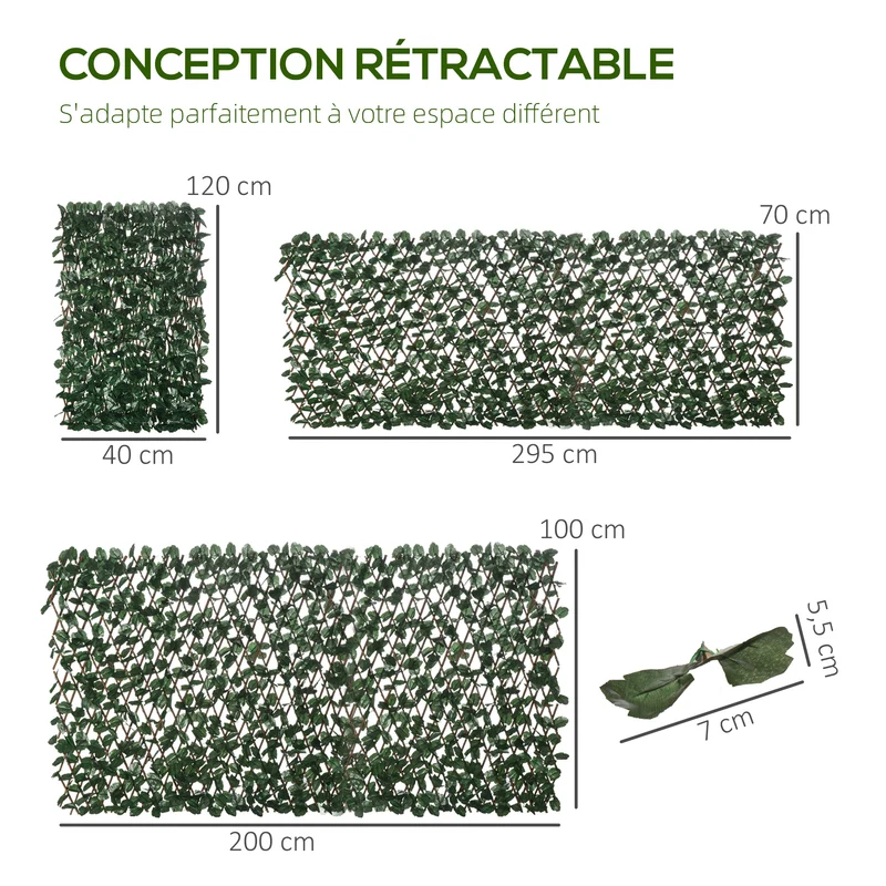 Lot de 2 haie artificielle murale brise vue extensible 295 x 70 x 2 cm entretien facile décoratif en polyester vert 21_0003977