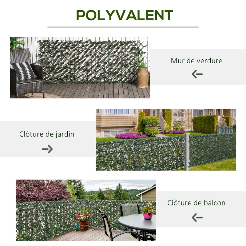 Lot de 2 haie artificielle murale brise vue extensible 295 x 70 x 2 cm entretien facile décoratif en polyester vert 21_0003977