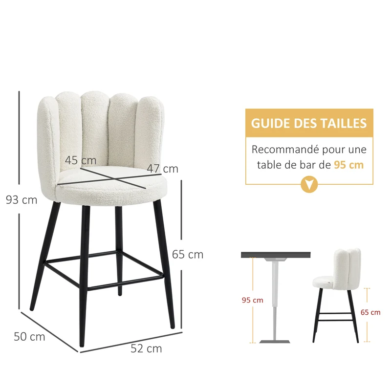 Lot de 2 chaises hautes 52 x 53 x 93 cm assise 65 cm dossier enveloppant contemporain pour cuisine en polyester crème 21_0002348