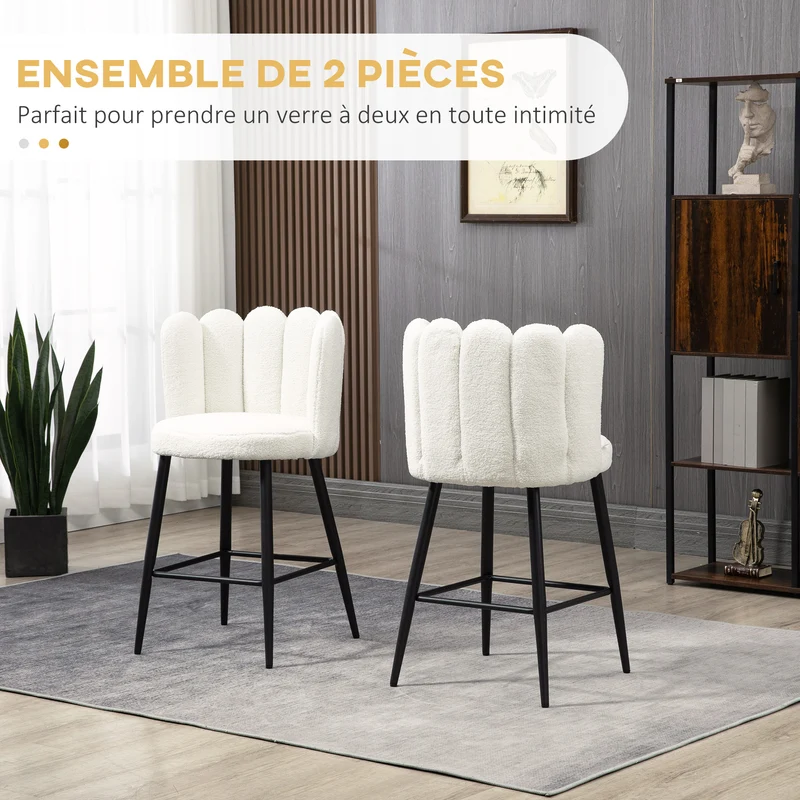 Lot de 2 chaises hautes 52 x 53 x 93 cm assise 65 cm dossier enveloppant contemporain pour cuisine en polyester crème 21_0002348