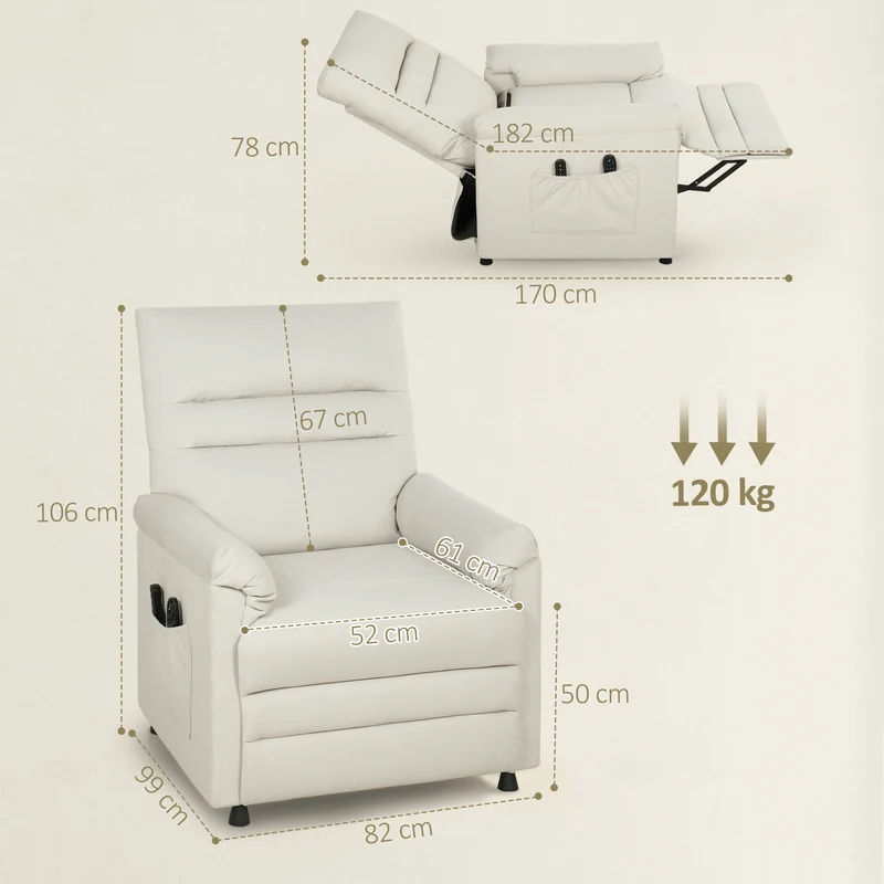 Fauteuil relax électrique massant inclinable 82 x 99 x 106 cm moteur très silencieux contemporain salon en velours crème 21_0000833