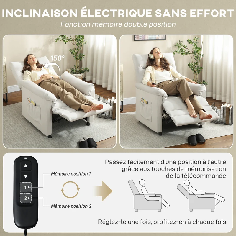 Fauteuil relax électrique massant inclinable 82 x 99 x 106 cm moteur très silencieux contemporain salon en velours crème 21_0000833
