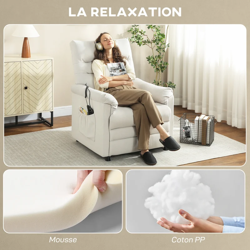 Fauteuil relax électrique massant inclinable 82 x 99 x 106 cm moteur très silencieux contemporain salon en velours crème 21_0000833