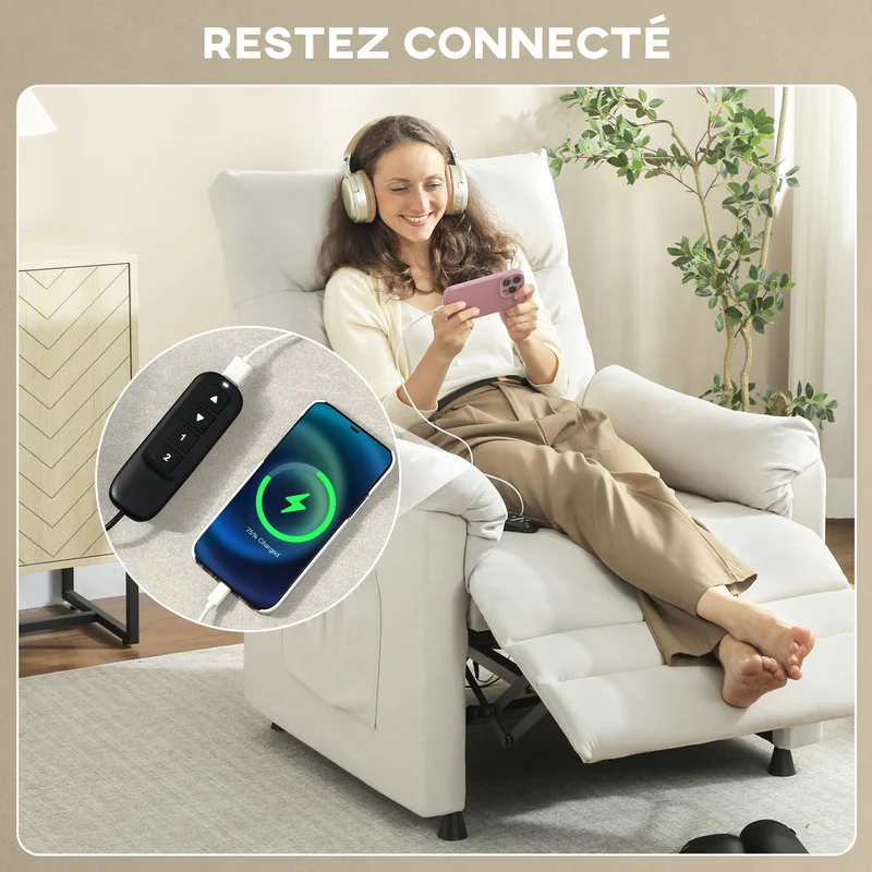 Fauteuil relax électrique massant inclinable 82 x 99 x 106 cm moteur très silencieux contemporain salon en velours crème 21_0000833