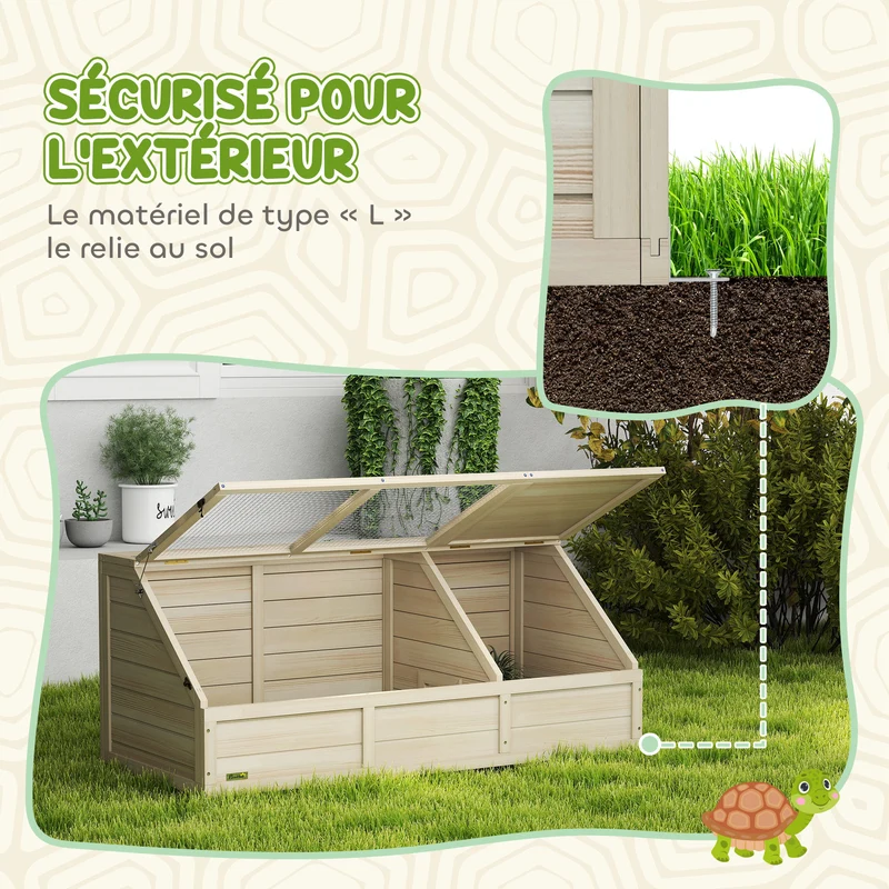 Enclos maison pour tortue extérieur jardin 120 x 55 x 50 cm couvercle ouvrable 2 zones séparées rustique en bois naturel 21_0007849