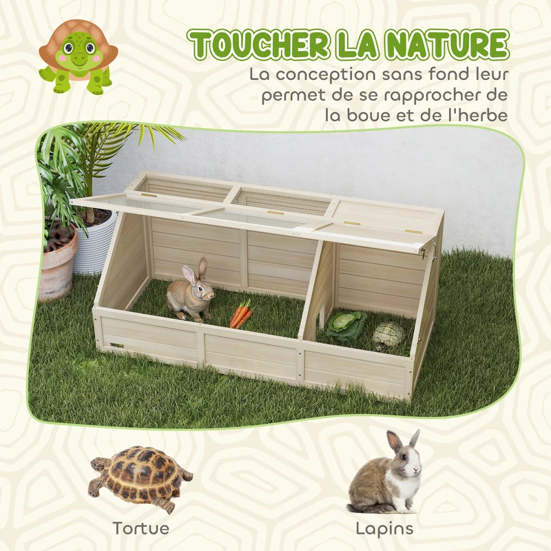 Enclos maison pour tortue extérieur jardin 120 x 55 x 50 cm couvercle ouvrable 2 zones séparées rustique en bois naturel 21_0007849