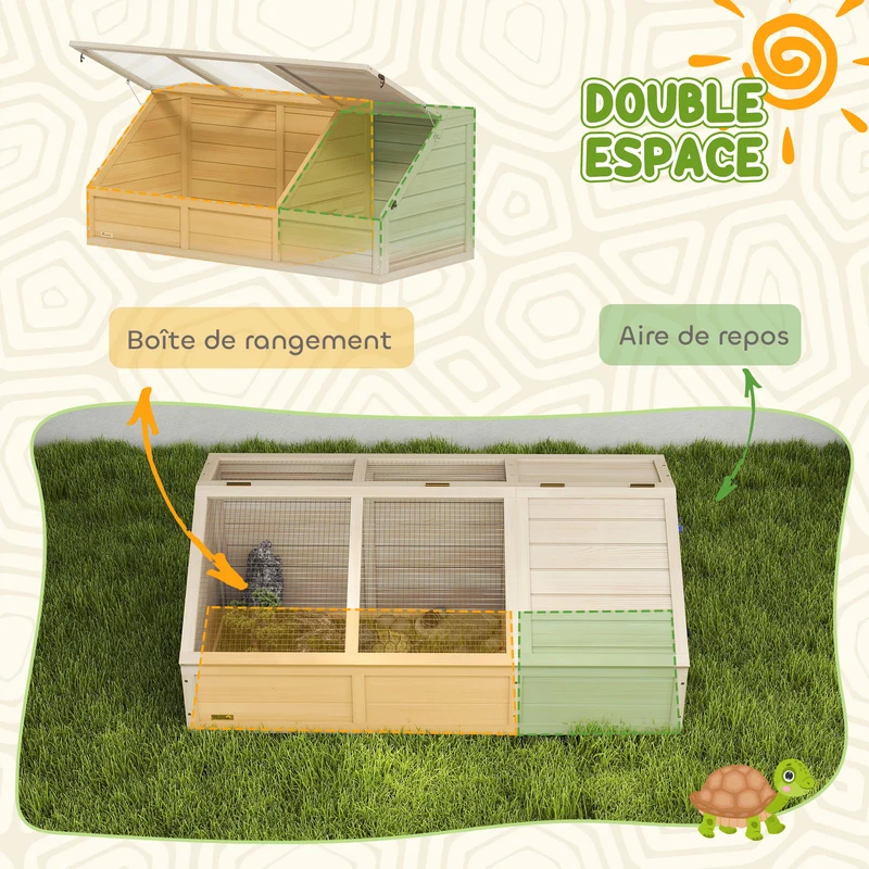 Enclos maison pour tortue extérieur jardin 120 x 55 x 50 cm couvercle ouvrable 2 zones séparées rustique en bois naturel 21_0007849