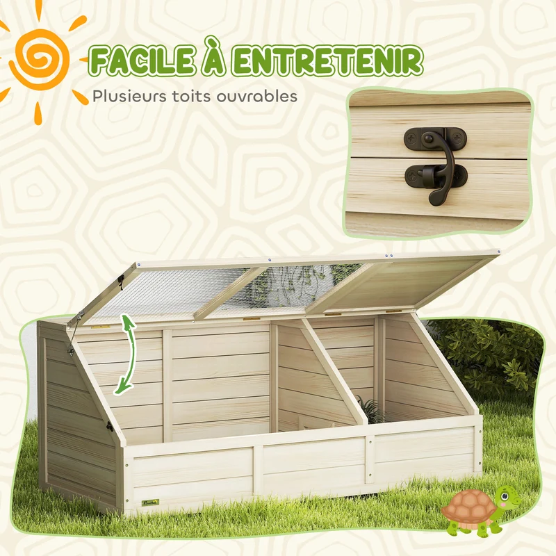 Enclos maison pour tortue extérieur jardin 120 x 55 x 50 cm couvercle ouvrable 2 zones séparées rustique en bois naturel 21_0007849