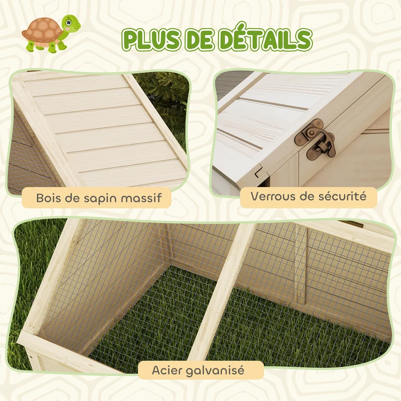 Enclos maison pour tortue extérieur jardin 120 x 55 x 50 cm couvercle ouvrable 2 zones séparées rustique en bois naturel 21_0007849