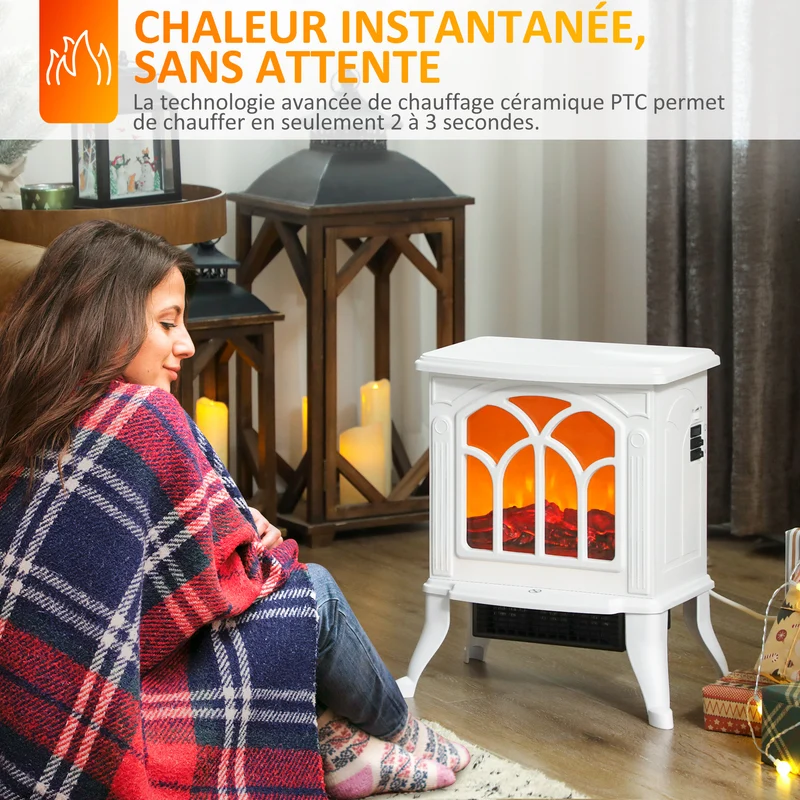 Cheminée électrique sur pied 37 x 23 x 44 cm effet flamme led chauffage réglable 750 1500 w classique en métal blanc 21_0001122