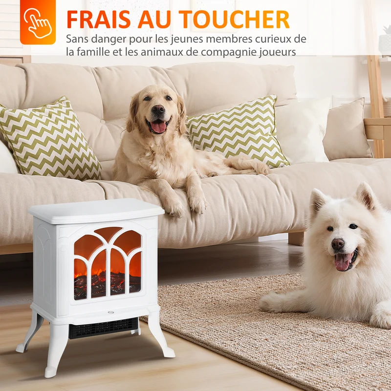 Cheminée électrique sur pied 37 x 23 x 44 cm effet flamme led chauffage réglable 750 1500 w classique en métal blanc 21_0001122