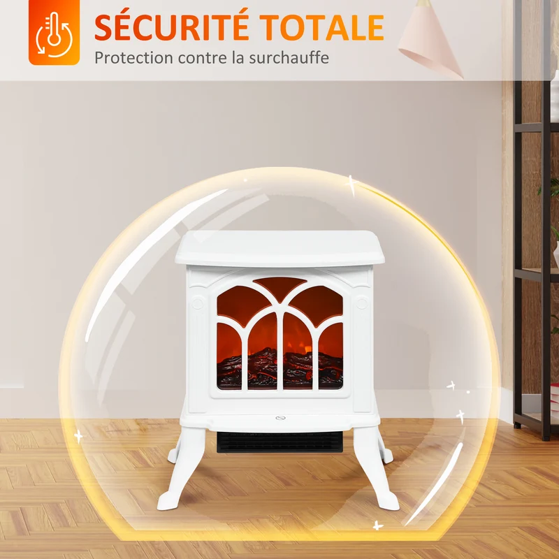 Cheminée électrique sur pied 37 x 23 x 44 cm effet flamme led chauffage réglable 750 1500 w classique en métal blanc 21_0001122