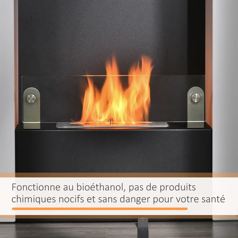 Cheminée bioéthanol colonne 60 x 20 x 79 cm chauffage d'appoint sans fumée étagère intégrée contemporain en acier noir 21_0001114