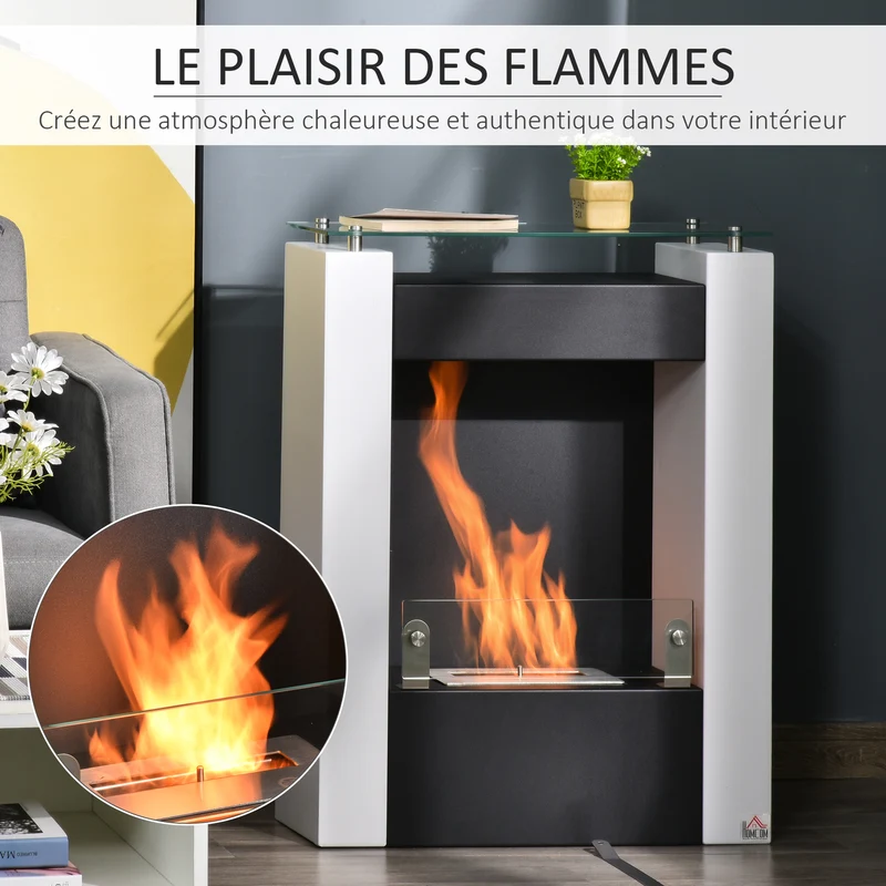 Cheminée bioéthanol colonne 60 x 20 x 79 cm chauffage d'appoint sans fumée étagère intégrée contemporain en acier noir 21_0001114