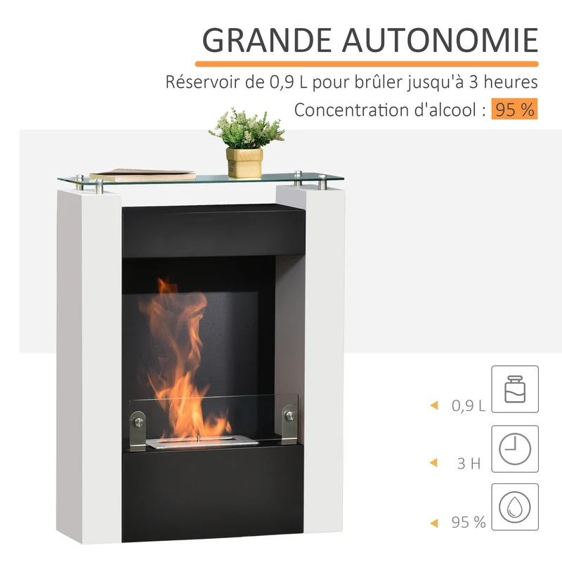 Cheminée bioéthanol colonne 60 x 20 x 79 cm chauffage d'appoint sans fumée étagère intégrée contemporain en acier noir 21_0001114