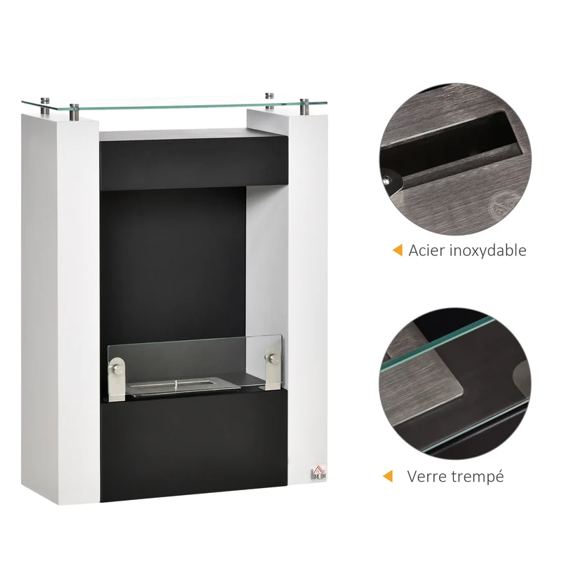 Cheminée bioéthanol colonne 60 x 20 x 79 cm chauffage d'appoint sans fumée étagère intégrée contemporain en acier noir 21_0001114