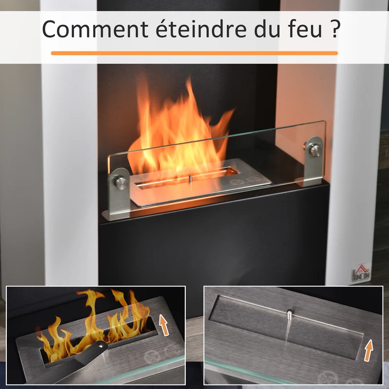 Cheminée bioéthanol colonne 60 x 20 x 79 cm chauffage d'appoint sans fumée étagère intégrée contemporain en acier noir 21_0001114