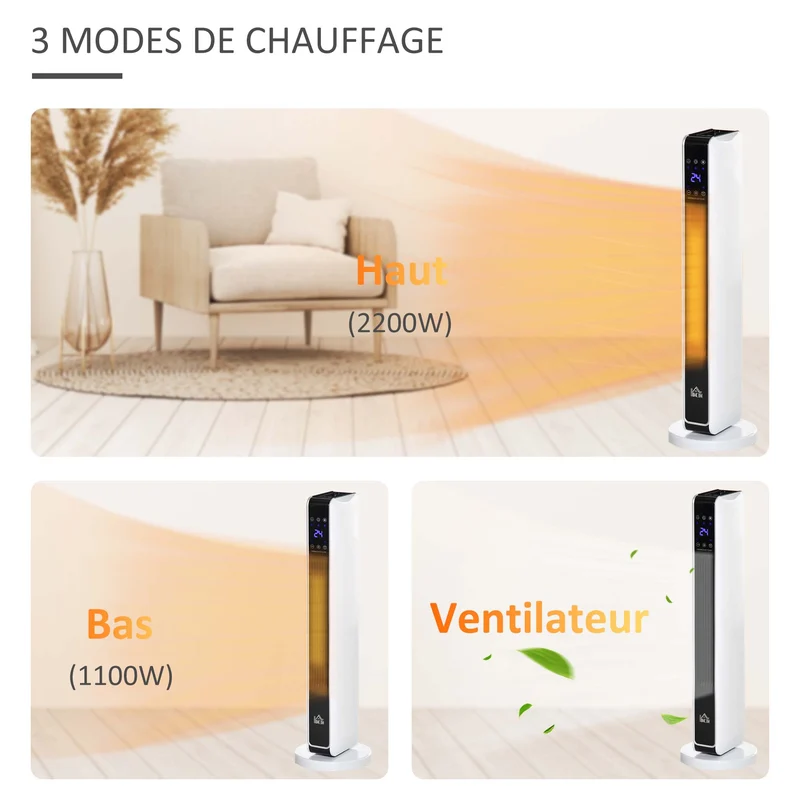 Chauffage soufflant oscillant pour salon bureau 21 x 21 x 73 cm chauffage rapide minuterie contemporain en plastique blanc 21_0001119