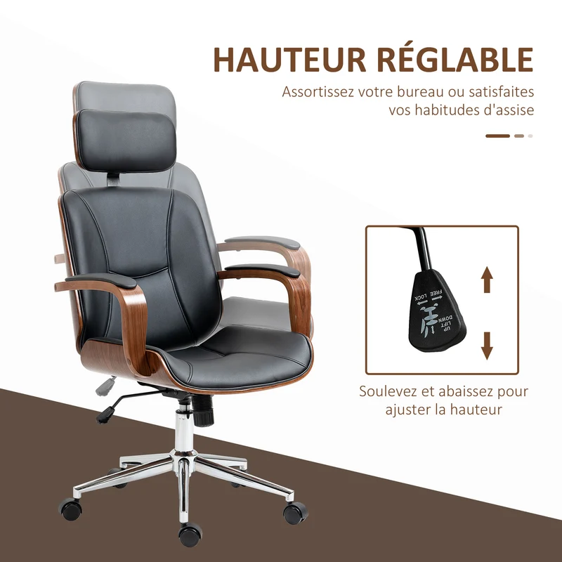 Chaise de bureau ergonomique réglable appui-tête bascule 66 x 65 x 125 cm confort moderne design en polyuréthane noir 21_0006225