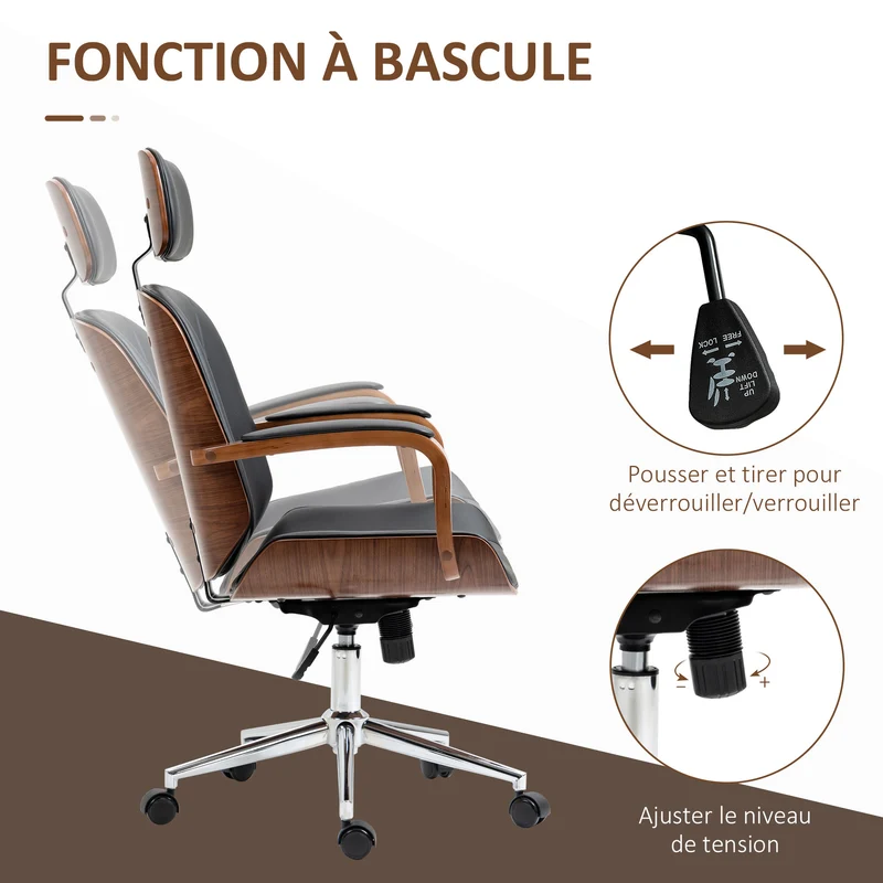 Chaise de bureau ergonomique réglable appui-tête bascule 66 x 65 x 125 cm confort moderne design en polyuréthane noir 21_0006225