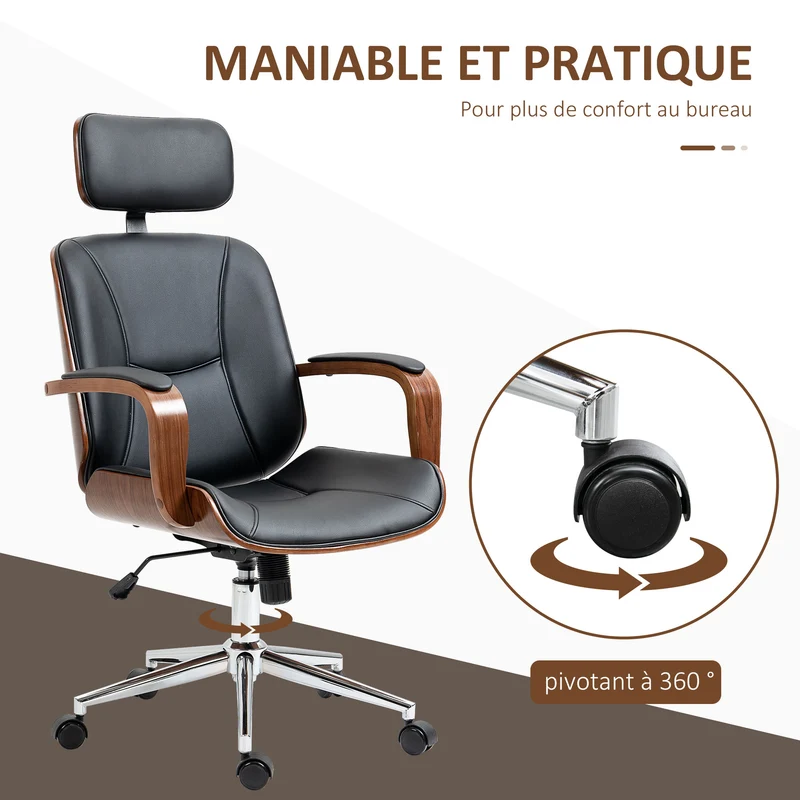 Chaise de bureau ergonomique réglable appui-tête bascule 66 x 65 x 125 cm confort moderne design en polyuréthane noir 21_0006225