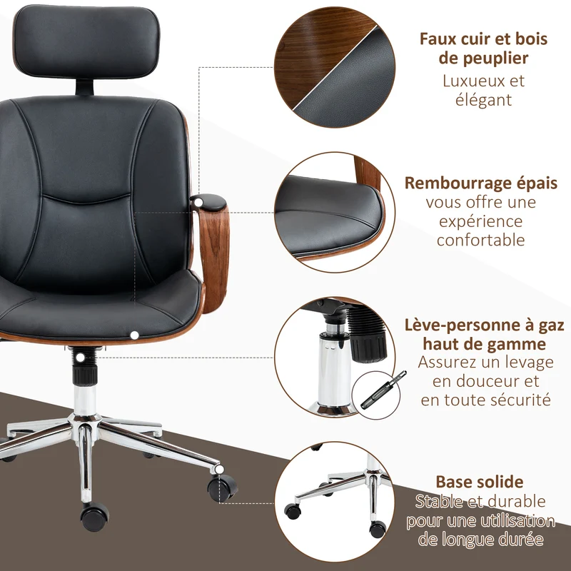 Chaise de bureau ergonomique réglable appui-tête bascule 66 x 65 x 125 cm confort moderne design en polyuréthane noir 21_0006225