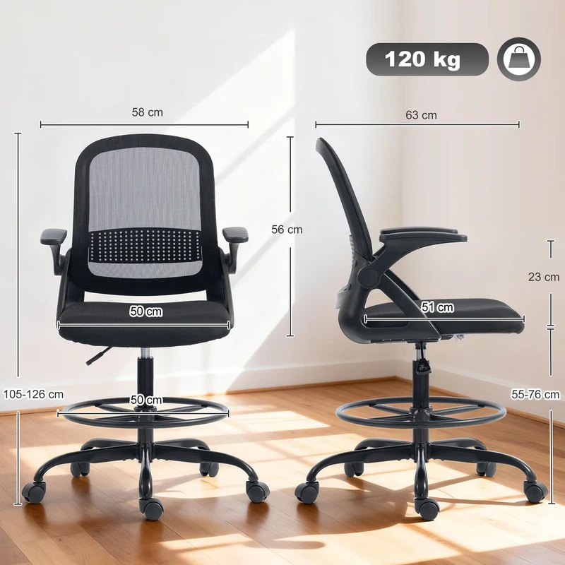Chaise de bureau ergonomique 58 x 63 x 105-126 cm avec soutien lombaire accoudoirs rabattables moderne en maille noire 21_0006334