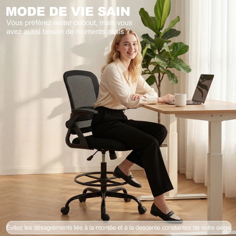 Chaise de bureau ergonomique 58 x 63 x 105-126 cm avec soutien lombaire accoudoirs rabattables moderne en maille noire 21_0006334