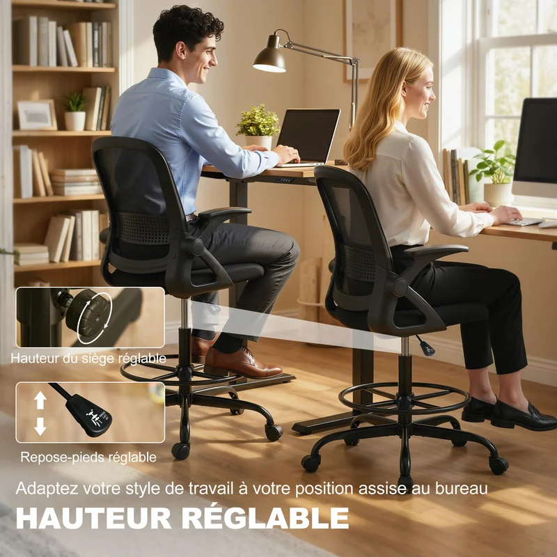 Chaise de bureau ergonomique 58 x 63 x 105-126 cm avec soutien lombaire accoudoirs rabattables moderne en maille noire 21_0006334