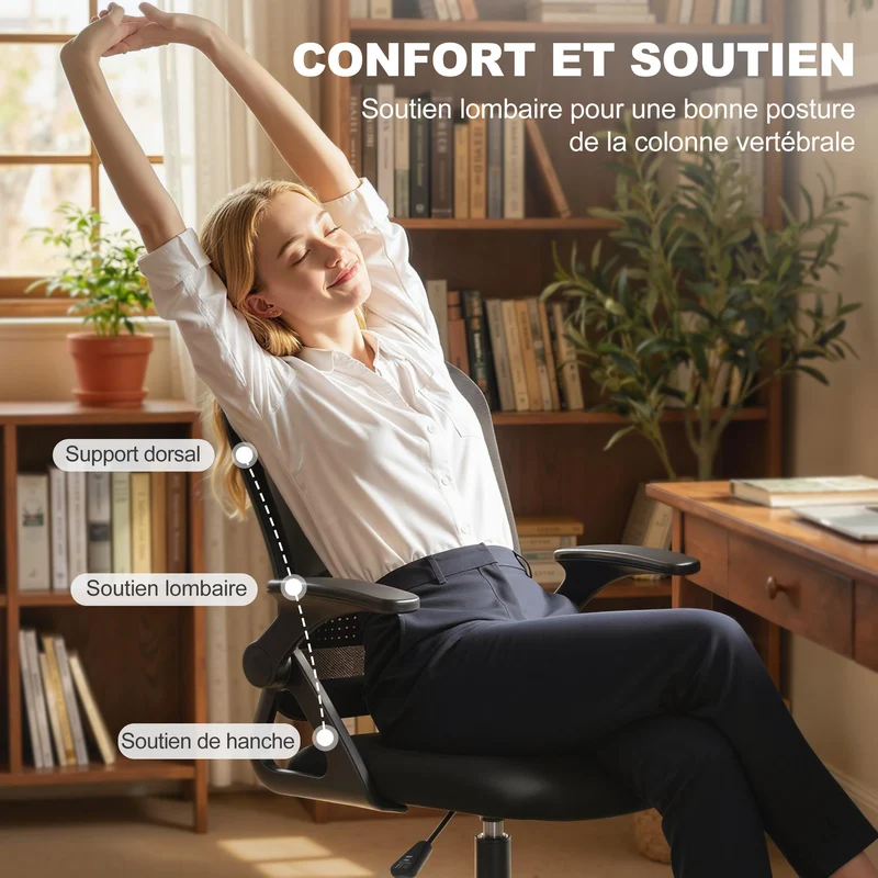 Chaise de bureau ergonomique 58 x 63 x 105-126 cm avec soutien lombaire accoudoirs rabattables moderne en maille noire 21_0006334