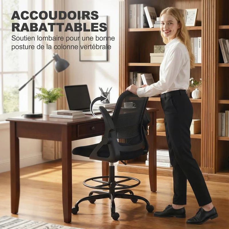 Chaise de bureau ergonomique 58 x 63 x 105-126 cm avec soutien lombaire accoudoirs rabattables moderne en maille noire 21_0006334