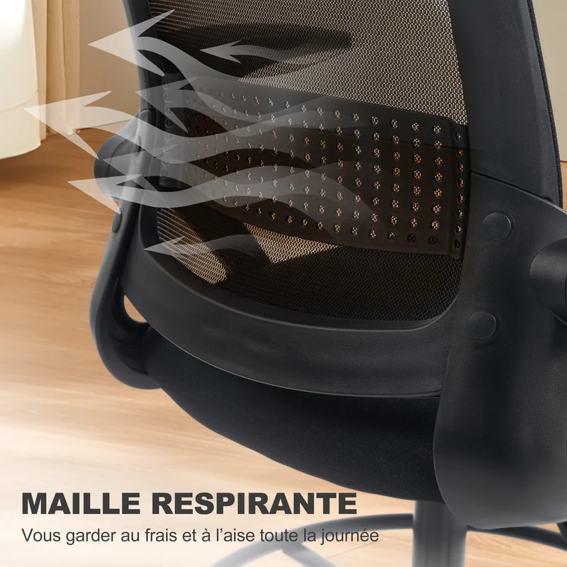 Chaise de bureau ergonomique 58 x 63 x 105-126 cm avec soutien lombaire accoudoirs rabattables moderne en maille noire 21_0006334
