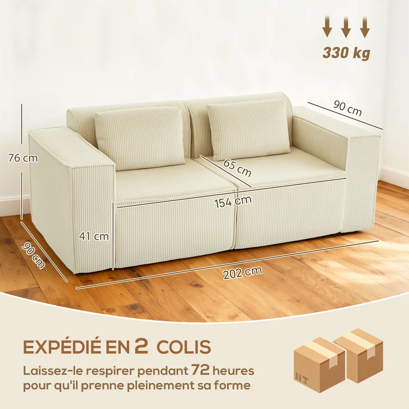 Canapé 3 places salon 202 x 90 x 76 cm assise profonde accoudoirs larges housses zippées moderne en velours côtelé beige 21_0003571