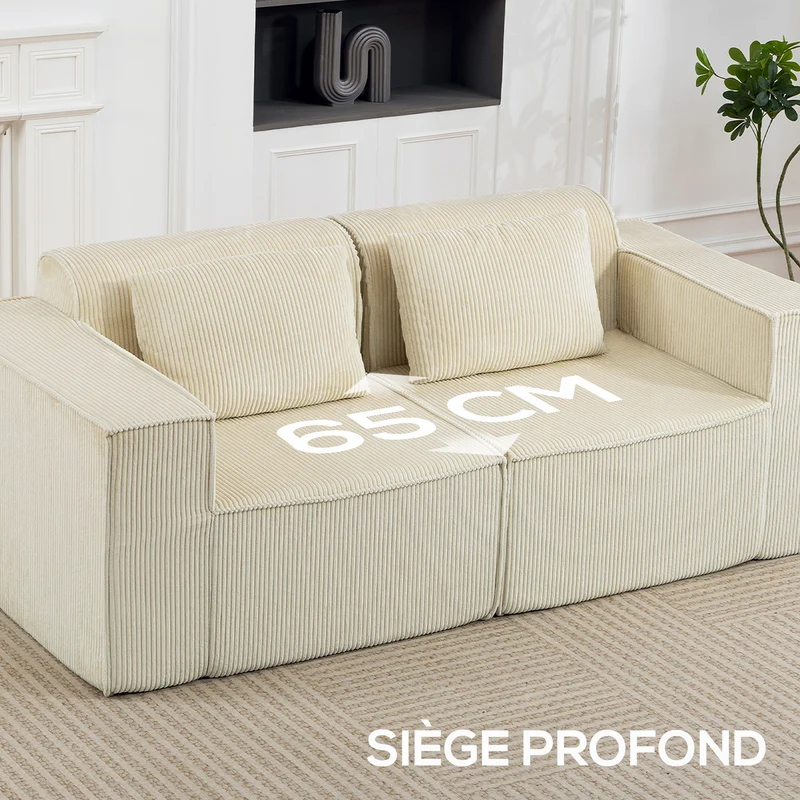 Canapé 3 places salon 202 x 90 x 76 cm assise profonde accoudoirs larges housses zippées moderne en velours côtelé beige 21_0003571