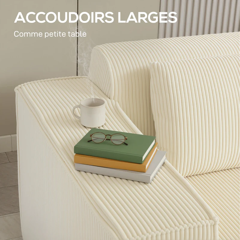 Canapé 3 places salon 202 x 90 x 76 cm assise profonde accoudoirs larges housses zippées moderne en velours côtelé beige 21_0003571