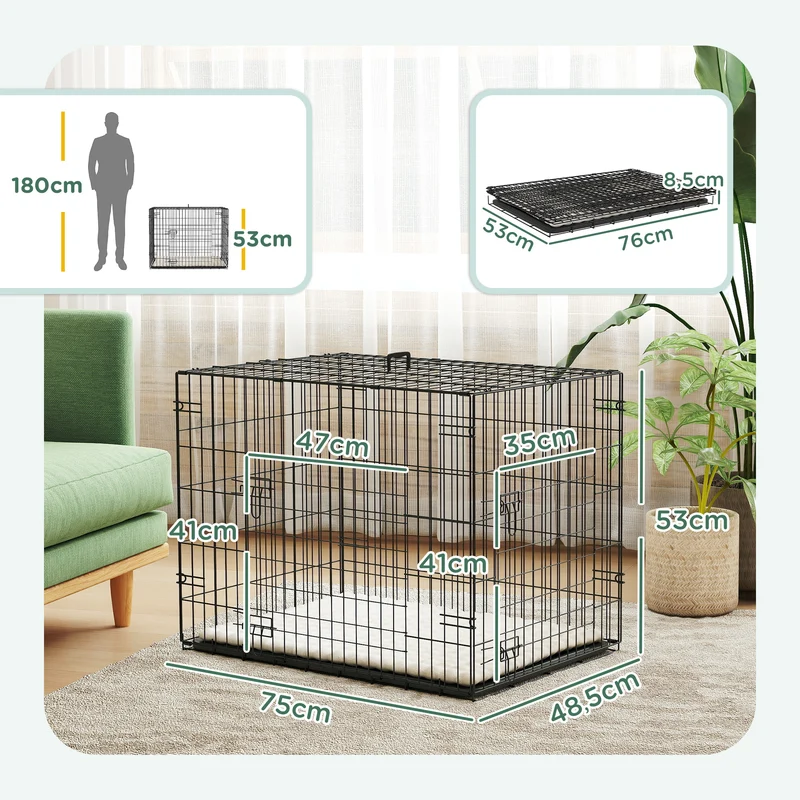Cage de transport pliable pour chien 75 x 48,5 x 53 cm bac amovible coussin doux lavable moderne épuré en acier noir 21_0007207