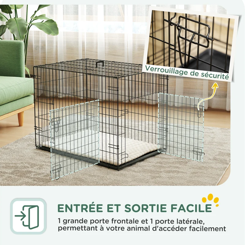 Cage de transport pliable pour chien 75 x 48,5 x 53 cm bac amovible coussin doux lavable moderne épuré en acier noir 21_0007207