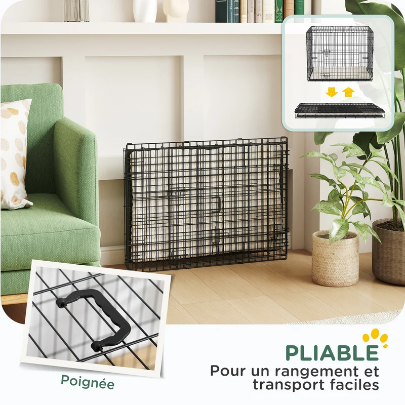 Cage de transport pliable pour chien 75 x 48,5 x 53 cm bac amovible coussin doux lavable moderne épuré en acier noir 21_0007207