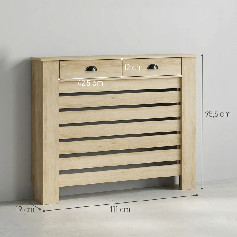 Cache-radiateur lattes horizontales 111 x 19 x 95,5 cm protège enfants animaux 2 tiroirs moderne épuré en MDF chêne 21_0001137