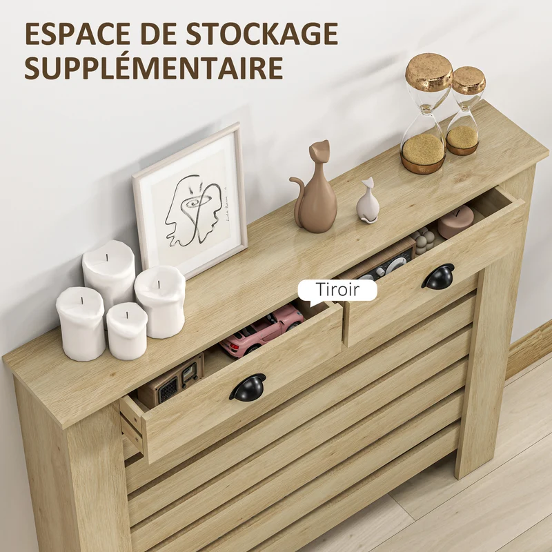 Cache-radiateur lattes horizontales 111 x 19 x 95,5 cm protège enfants animaux 2 tiroirs moderne épuré en MDF chêne 21_0001137