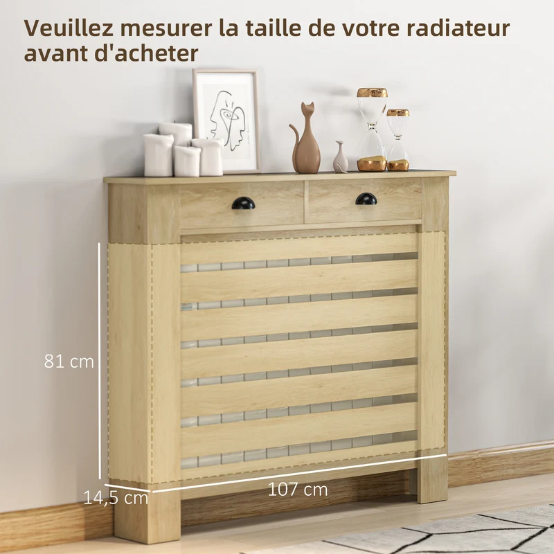 Cache-radiateur lattes horizontales 111 x 19 x 95,5 cm protège enfants animaux 2 tiroirs moderne épuré en MDF chêne 21_0001137